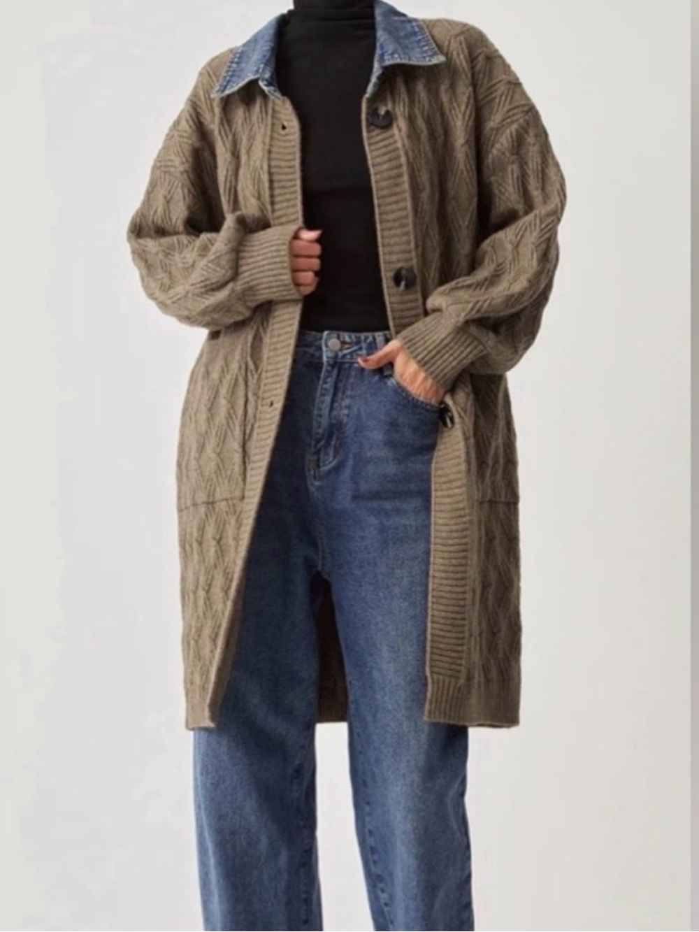 Commense Cable Knit Denim Collar Long Cardigan – Size L